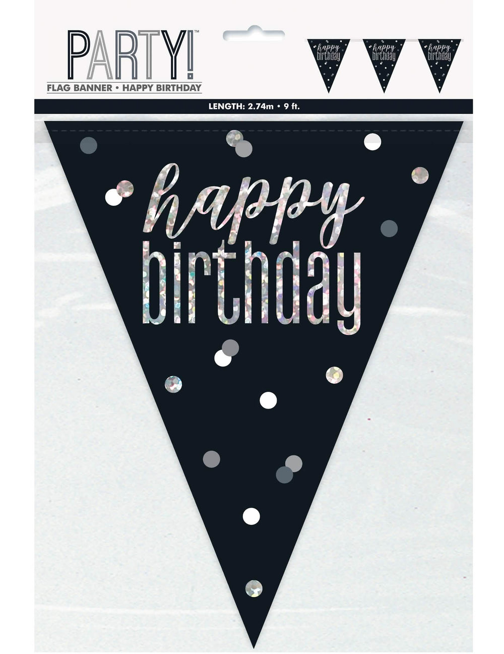 Guirlanda de fanions Happy Birthday para aniversário preta e cinzenta com letreiro prateado
