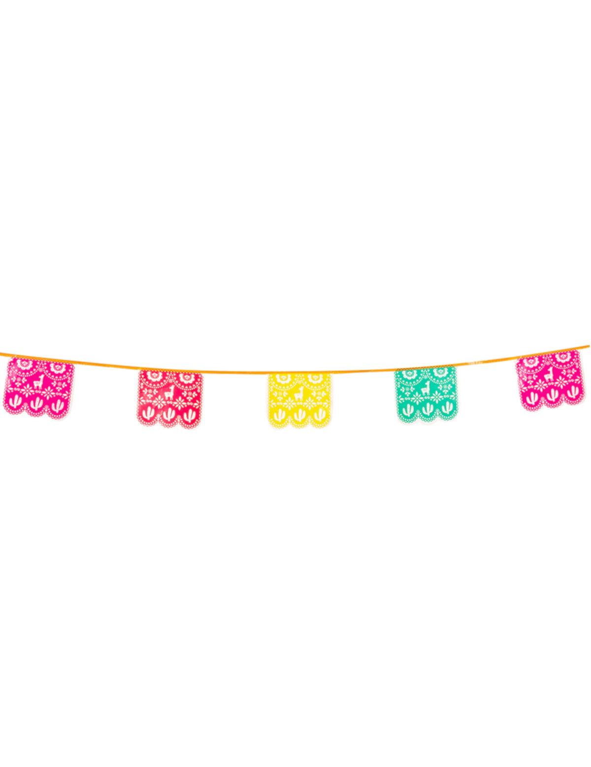 Guirlande en plastique mexicaine multicolore avec fanions ajourés motifs cactus et lama