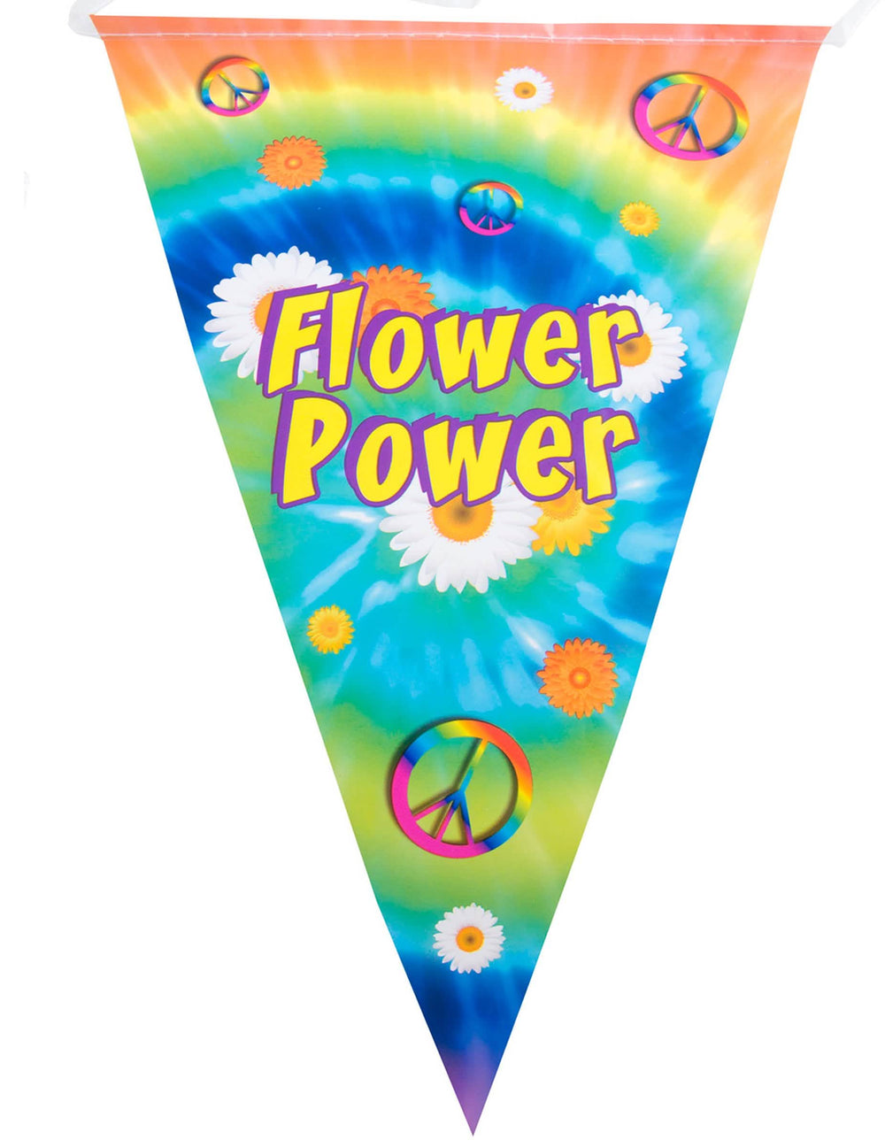 Guirlanda de bandeirolas hippie para decoração multicores com motivos Flower Power e símbolos peace and love
