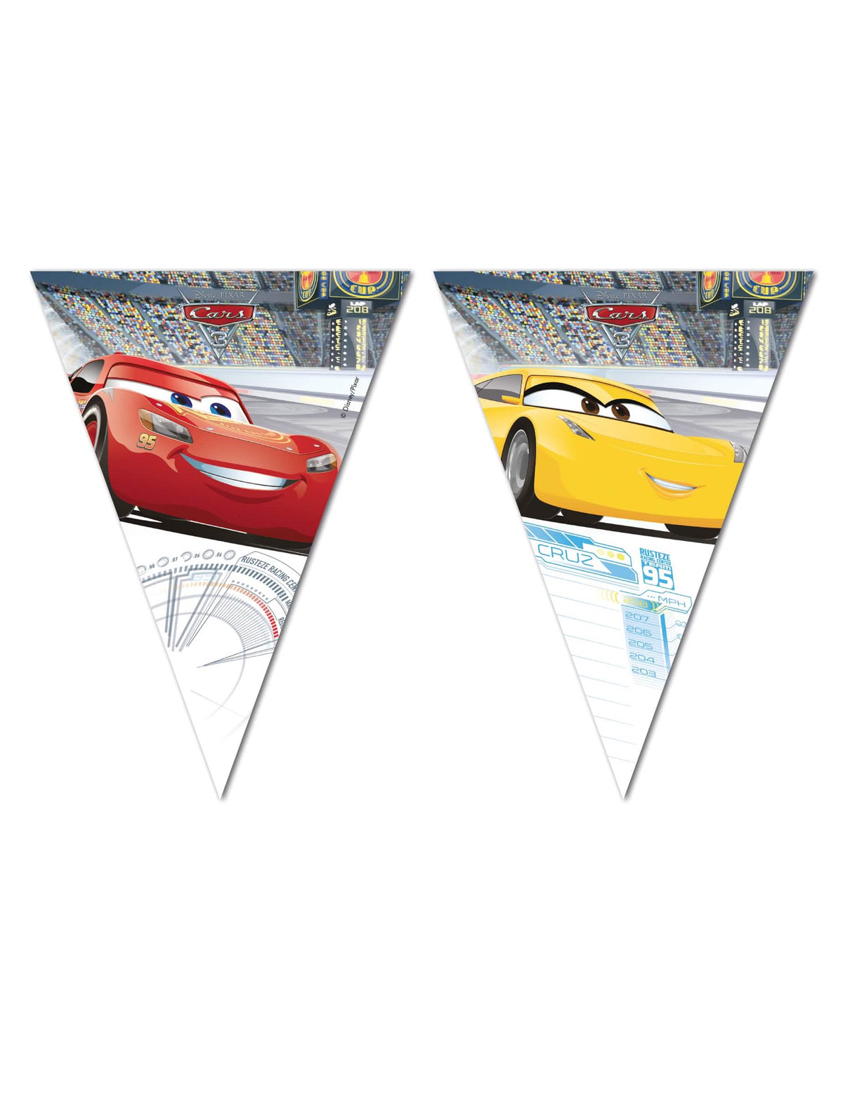 Guirlanda de bandeirolas Carros 3 para criança vermelha e amarela com Flash McQueen e Cruz Ramirez