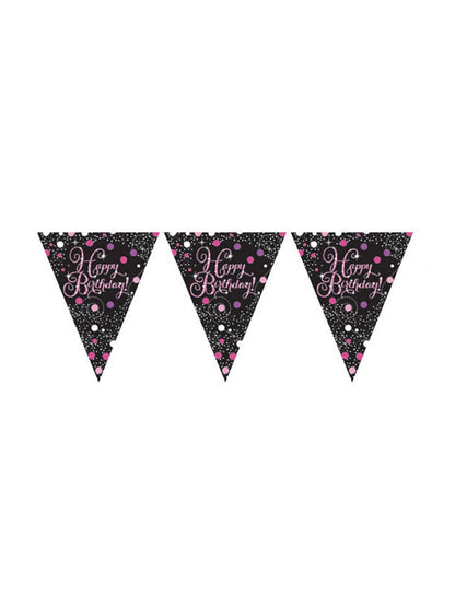 Guirlande fanions Happy Birthday pour anniversaire rose et noir célébration pétillante