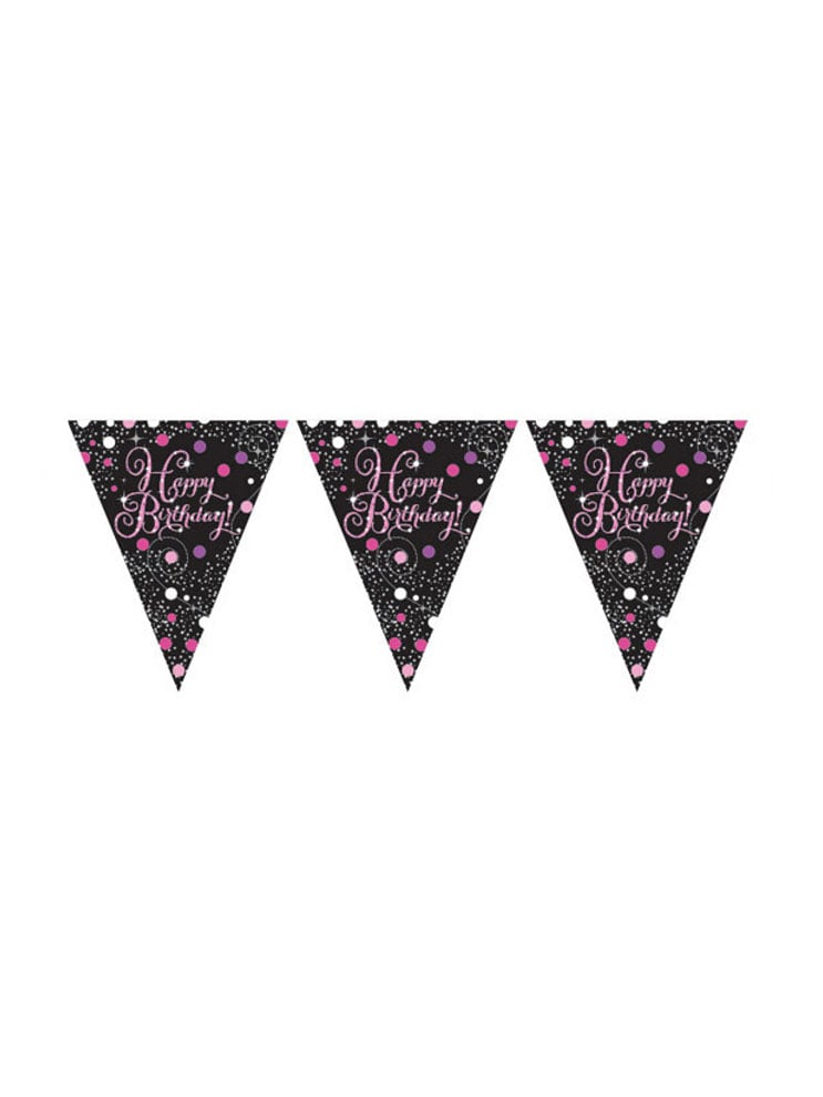 Guirlande fanions Happy Birthday pour anniversaire rose et noir célébration pétillante
