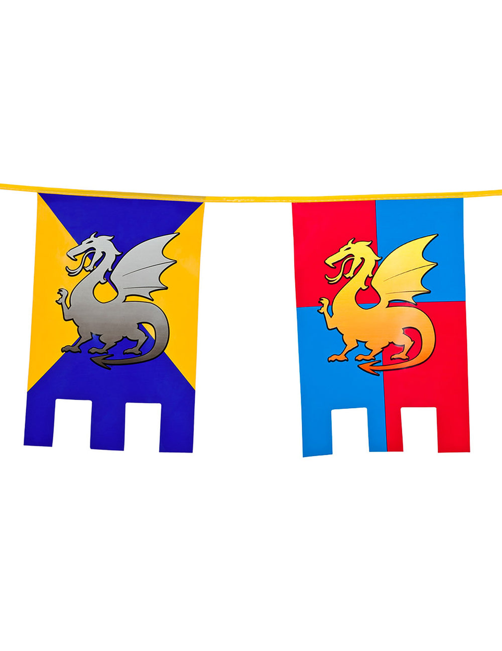 Gros plan sur les motifs de dragons de la guirlande fanions chevalier médiéval