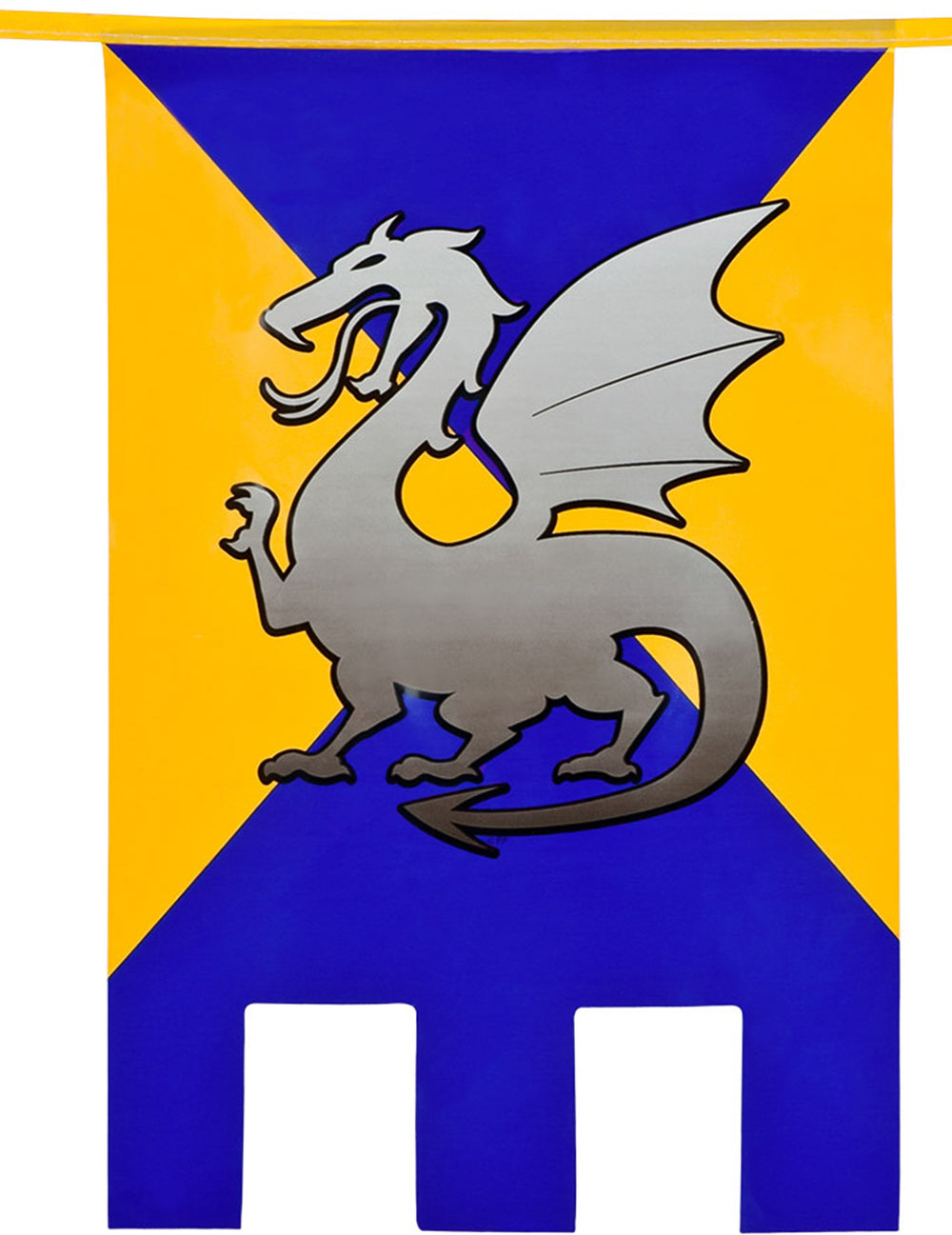 Détail d'un fanion jaune et bleu de la guirlande fanions chevalier médiéval