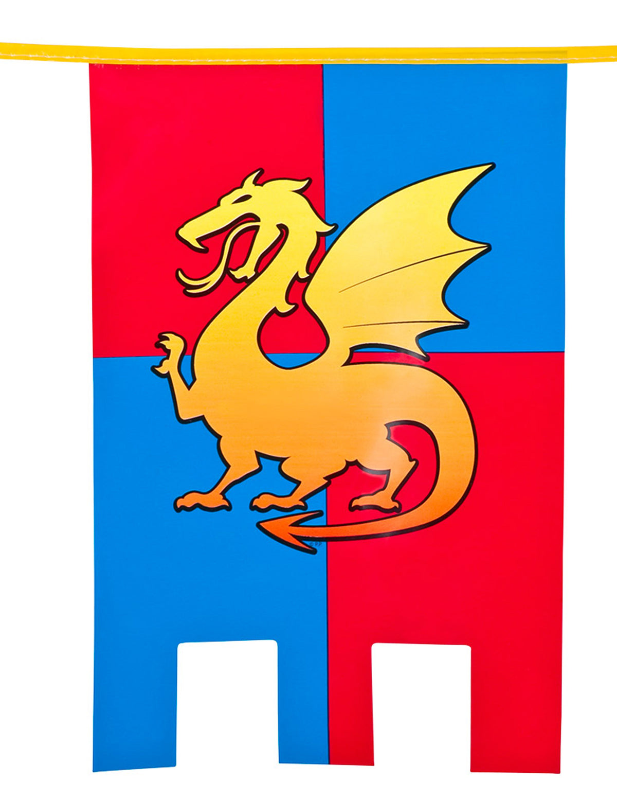 Détail d'un fanion rouge et bleu de la guirlande fanions chevalier médiéval