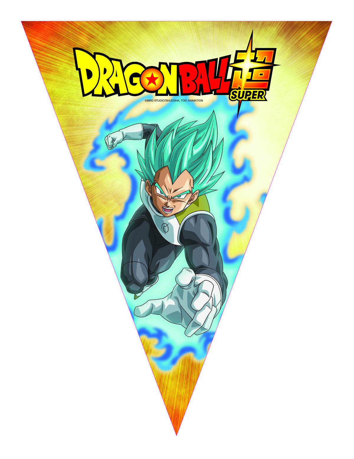 Détail d'un fanion avec Vegeta de la guirlande de fanions en papier Dragon Ball Super