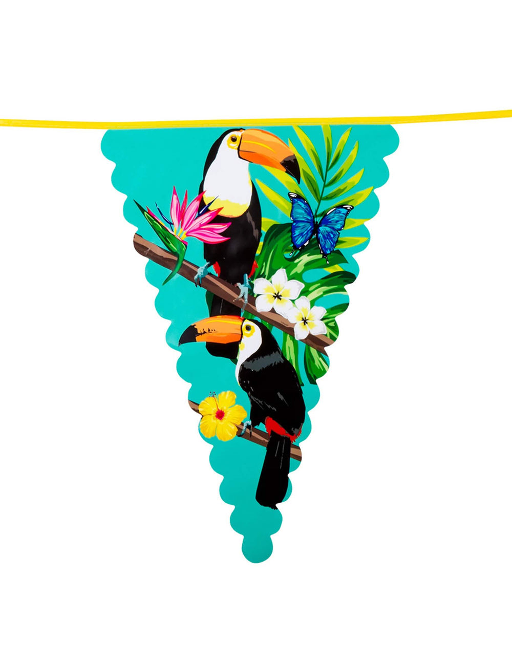 Detalhe da decoração exótica da grinalda de bandeirolas de plástico tucano