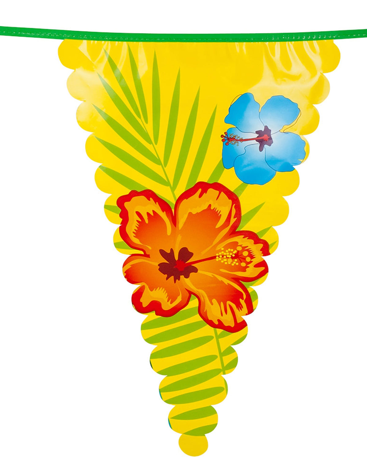 Zoom sur le motif fleur d'hibiscus et feuille de palmier du fanion de la guirlande fanions Hawaï