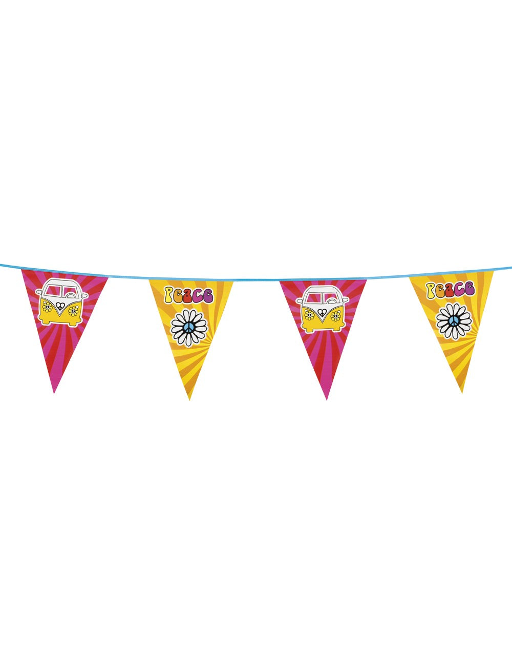 Guirlande fanions Hippie Flower Power pour fête multicolore avec motifs van et fleurs
