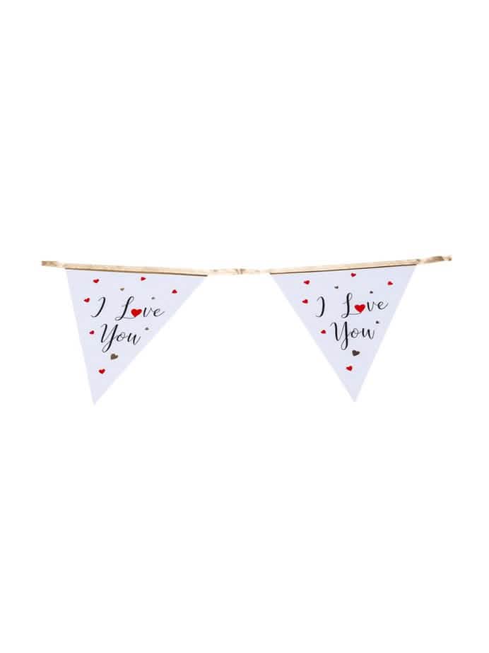 Guirlande de fanions i love you para decoração brancos, vermelhos, pretos e dourado romântico