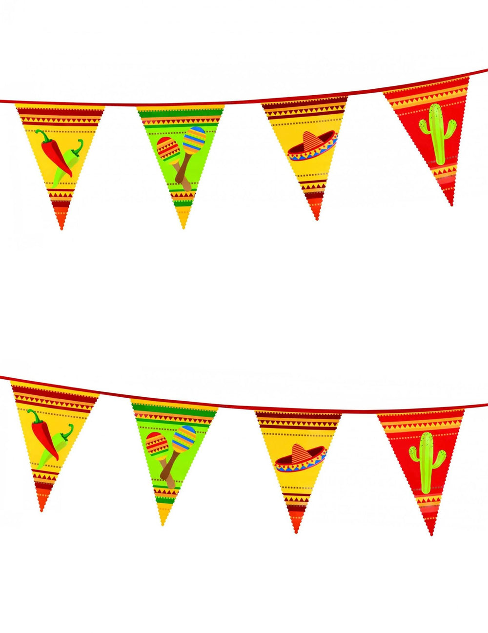 Guirlanda de bandeirolas mexicanas para festa multicores com motivos de pimentos e sombreros