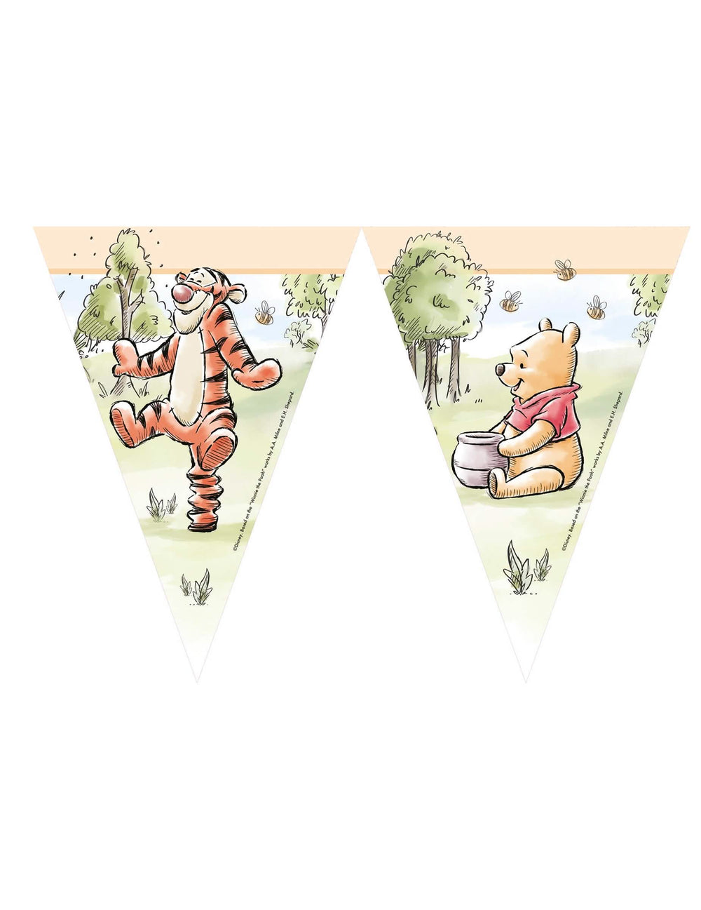 Guirlanda de bandeirolas Winnie the Pooh para criança com ilustrações de Tigrão e Winnie em tons pastel