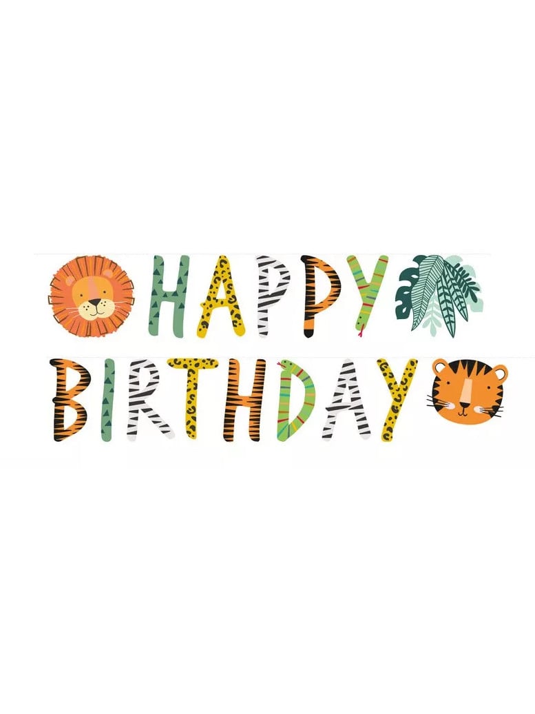 Guirlande happy birthday get wild safari pour anniversaire lion et tigre multicolore