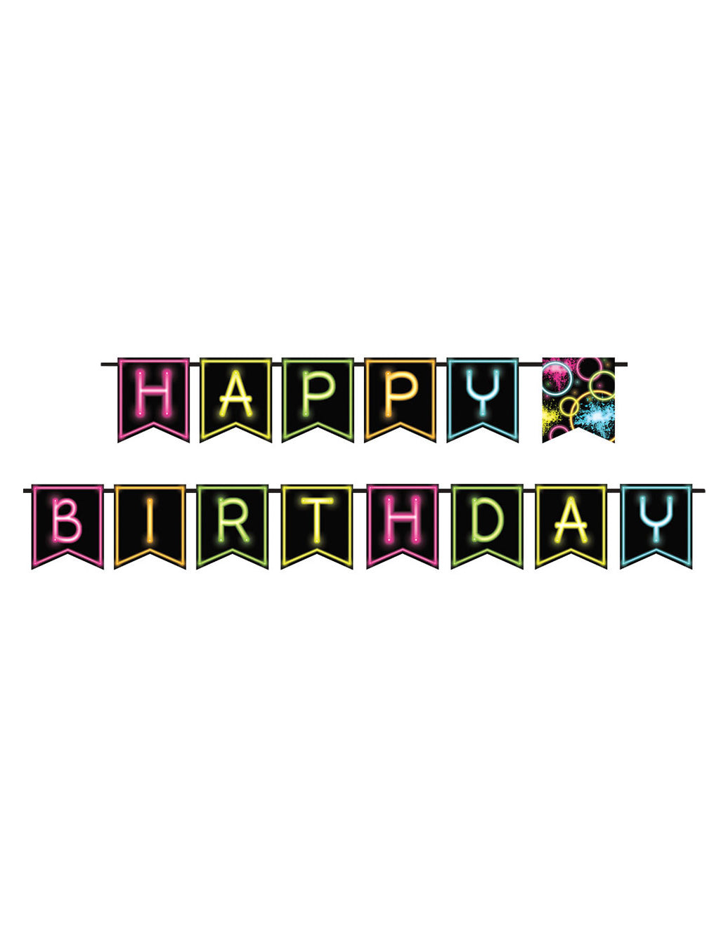 Guirlande Happy birthday Glow Party noire avec lettres néon multicolores