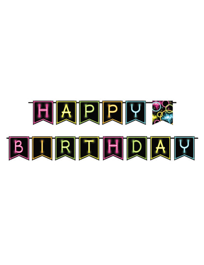 Guirlande Happy birthday Glow Party noire avec lettres néon multicolores