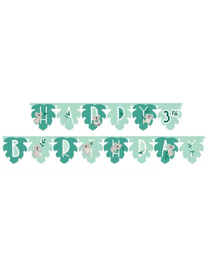 Guirlande en carton happy birthday koala pour anniversaire thème jungle verte en forme de feuilles