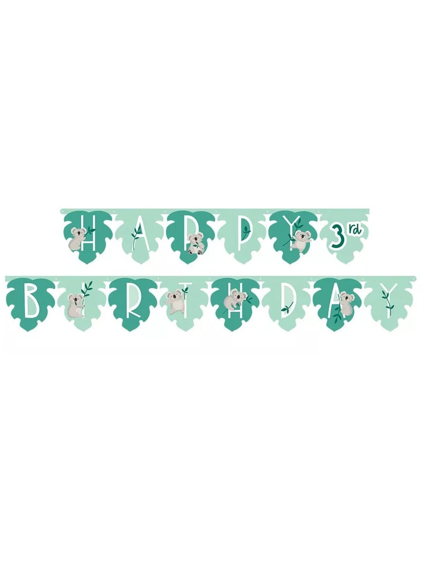 Guirlande en carton happy birthday koala pour anniversaire thème jungle verte en forme de feuilles