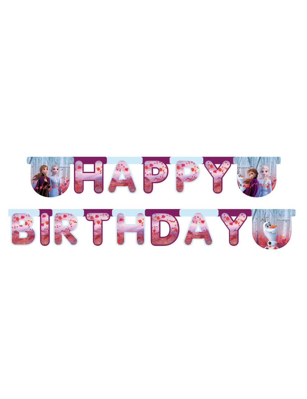 Guirlanda happy birthday Frozen 2 para criança azul e violeta com Anna, Elsa e Olaf