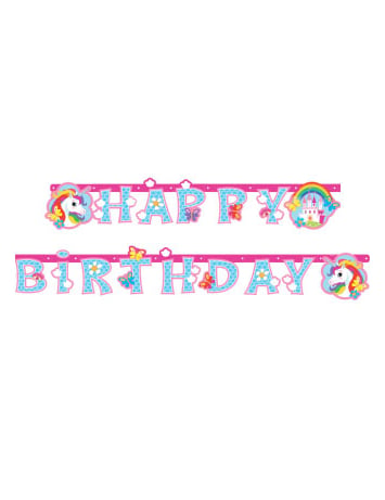 Guirlande Happy Birthday Licorne rose et bleue avec arc-en-ciel