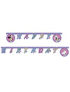 Guirlande Happy Birthday Minnie et la licorne pour enfant violette avec motifs étoiles