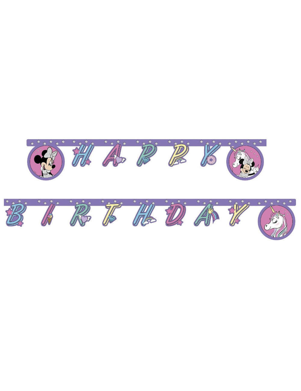 Guirlande Happy Birthday Minnie et la licorne pour enfant violette avec motifs étoiles