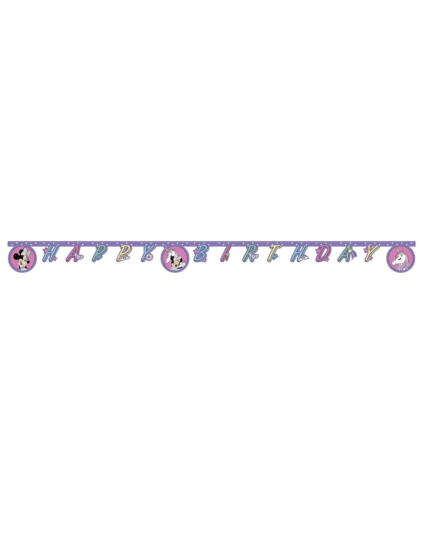 Vue d'ensemble de la guirlande Happy Birthday Minnie et la licorne