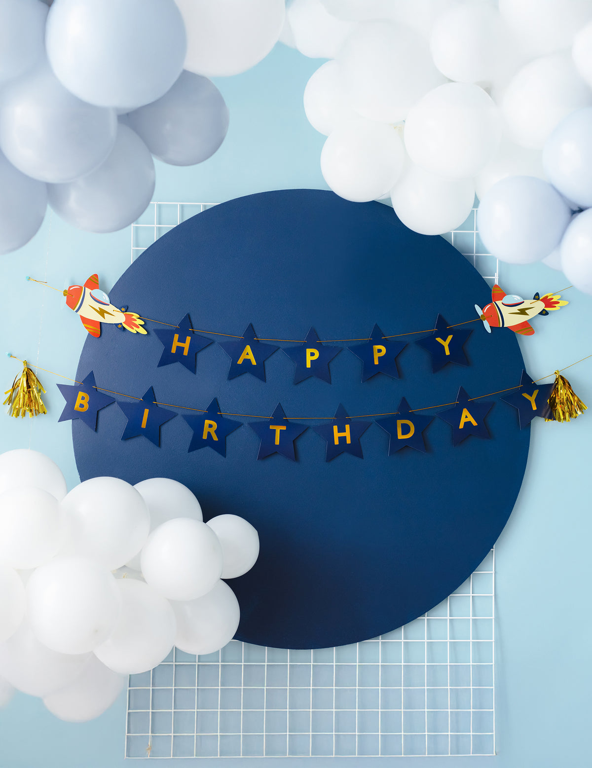Guirlande happy birthday petit avion pour anniversaire bleu et doré