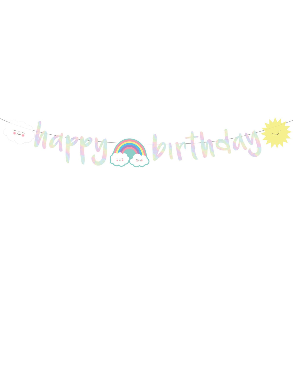 Vue d'ensemble de la guirlande happy birthday nuage iridescente en carton