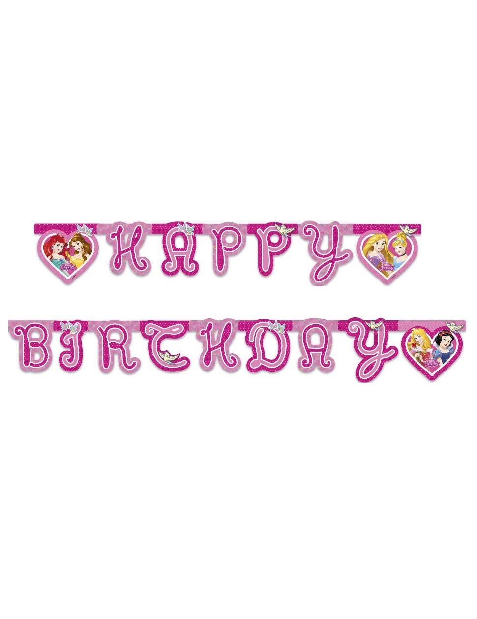 Guirlande Happy Birthday Princesses Disney pour enfant rose avec motifs cœurs