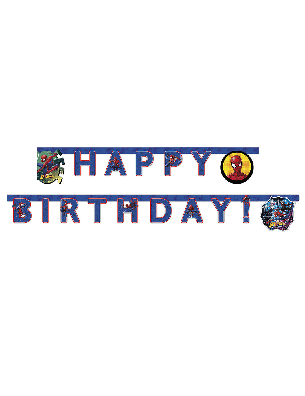 Guirlande happy birthday Spiderman pour enfant bleue avec motifs rouges