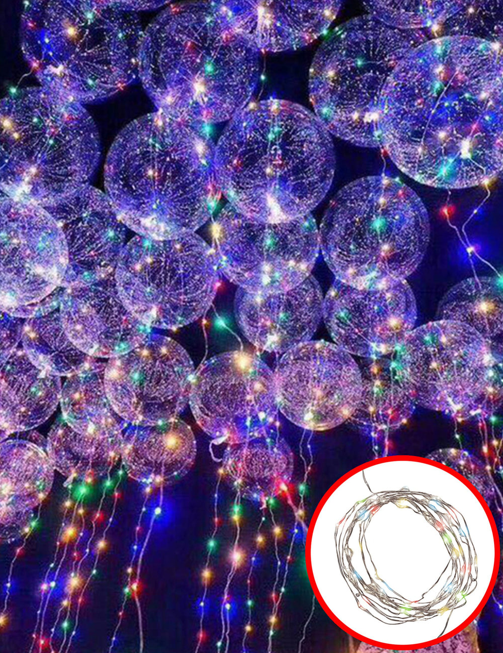 Mise en situation sur ballons de la guirlande lumineuse multicolore pour fête