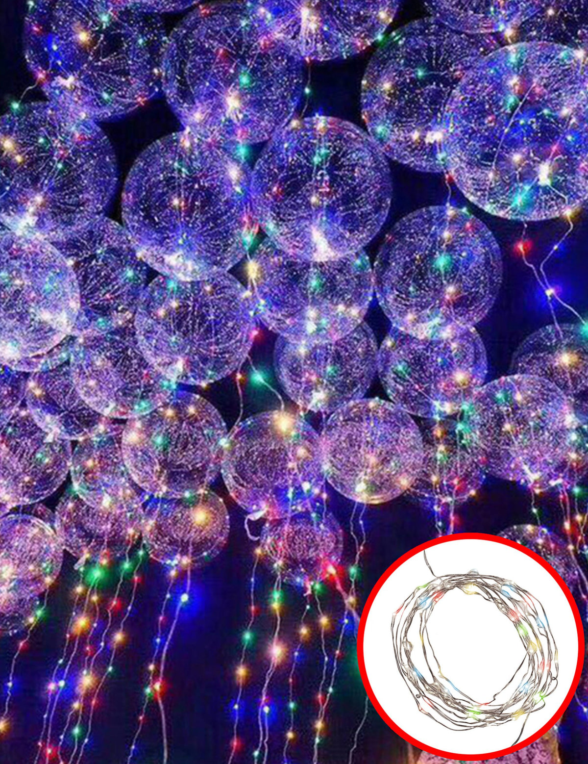 Mise en situation sur ballons de la guirlande lumineuse multicolore pour fête