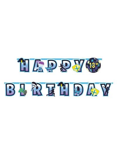 Guirlande personnalisable Happy Birthday battle royale bleue et violette avec motifs de jeux vidéo