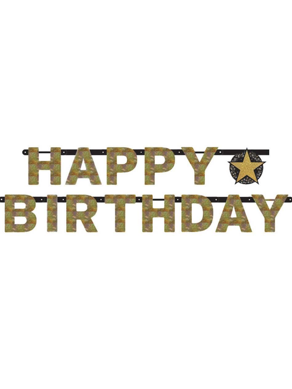 Guirlande de letras Happy Birthday Celebração Brilhante para festa em cartão dourado
