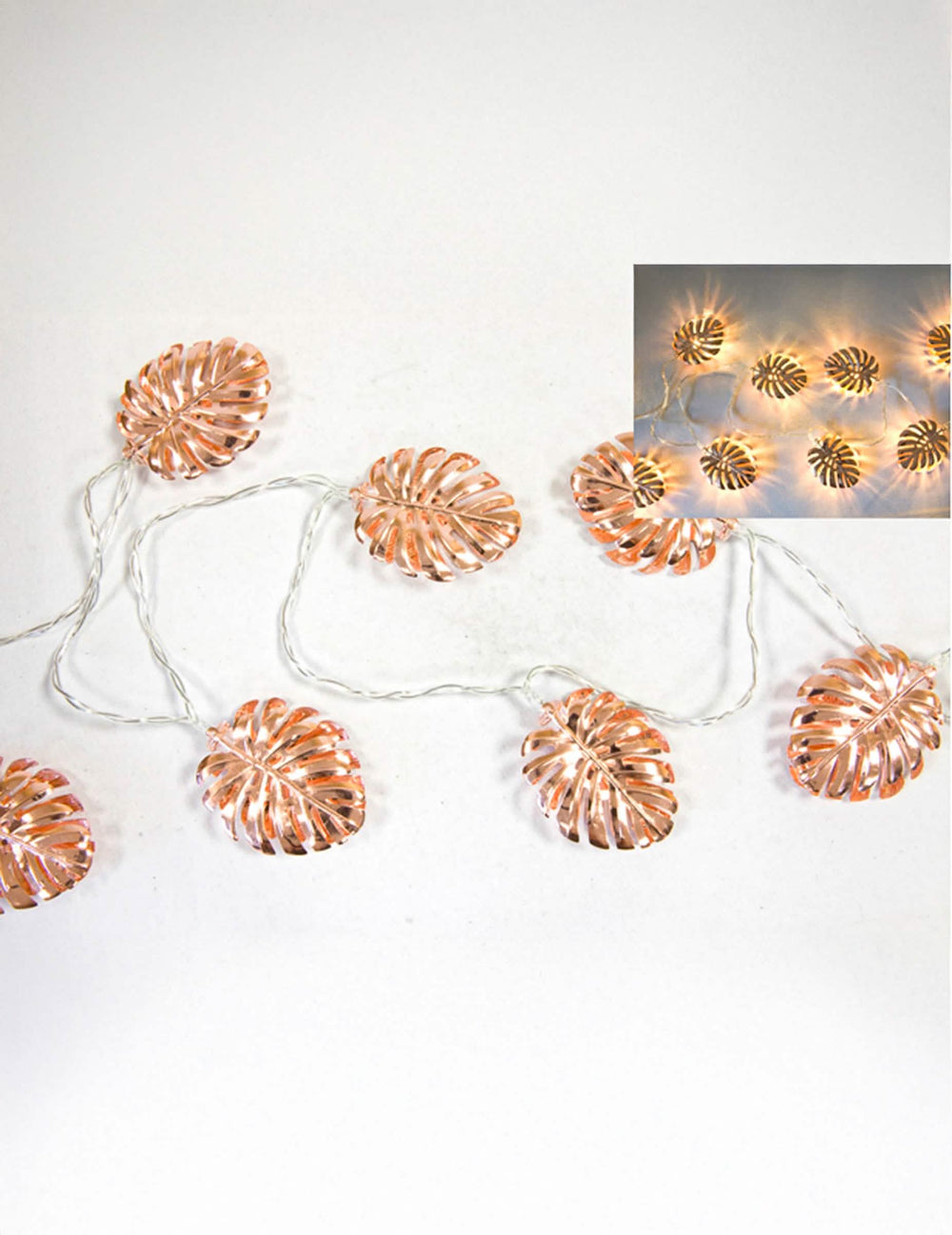 Guirlanda luminosa de folhas tropicais para decoração ouro rosa a pilhas