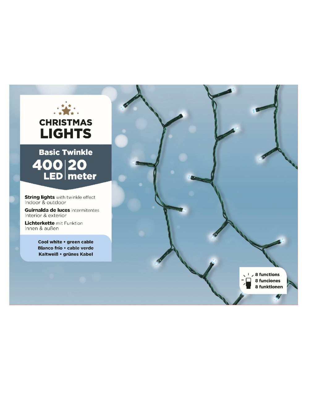 Détail de l'emballage de la guirlande lumineuse 400 led pour décoration blanc froid 20 m 8 fonctions