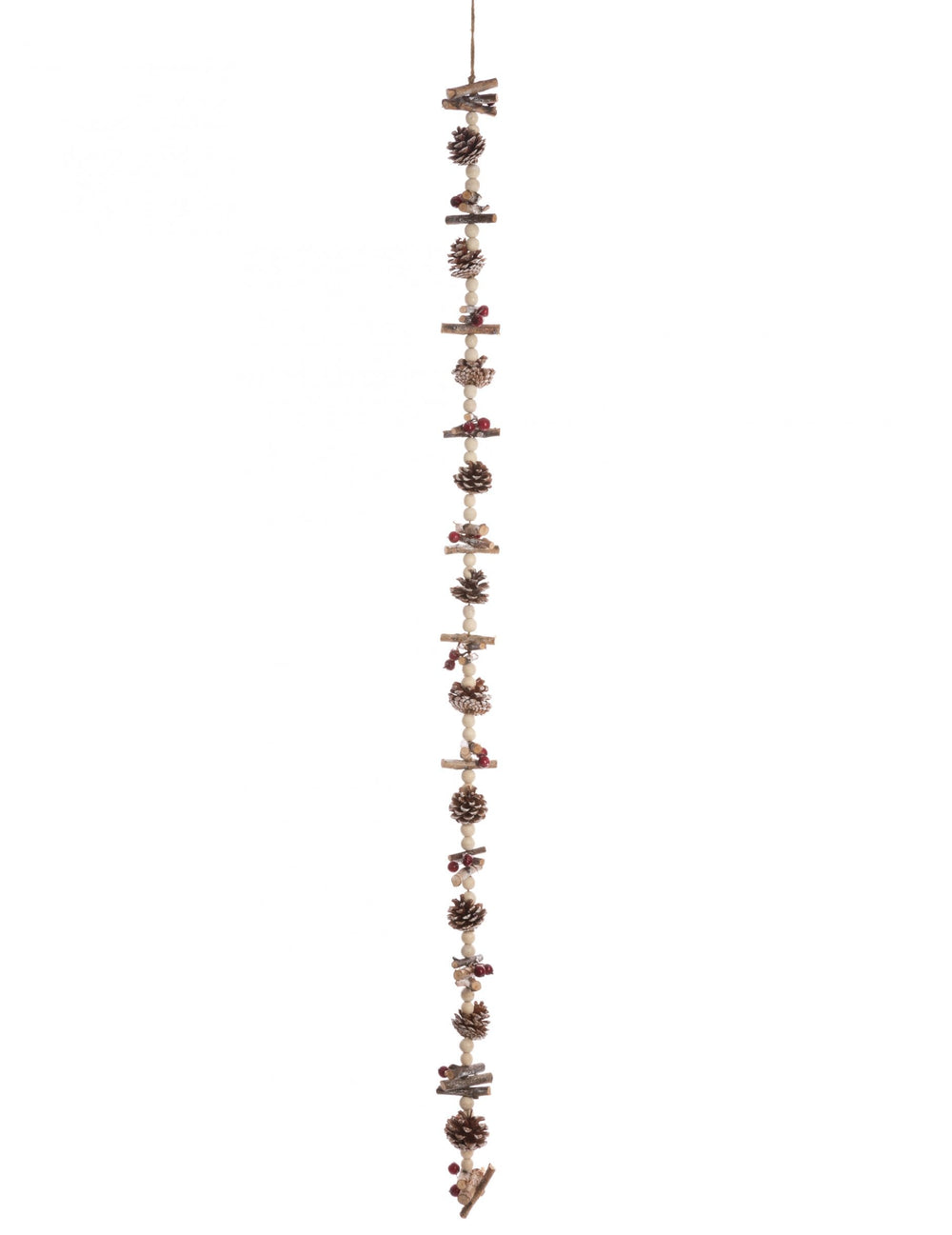 Guirlande de perles bois et pommes de pin décoration nature marron et beige avec baies rouges