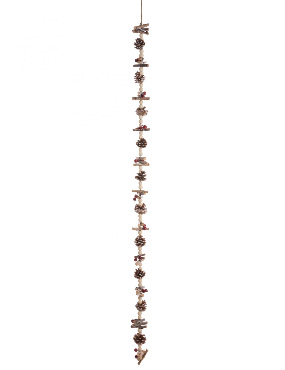 Guirlande de perles bois et pommes de pin décoration nature marron et beige avec baies rouges