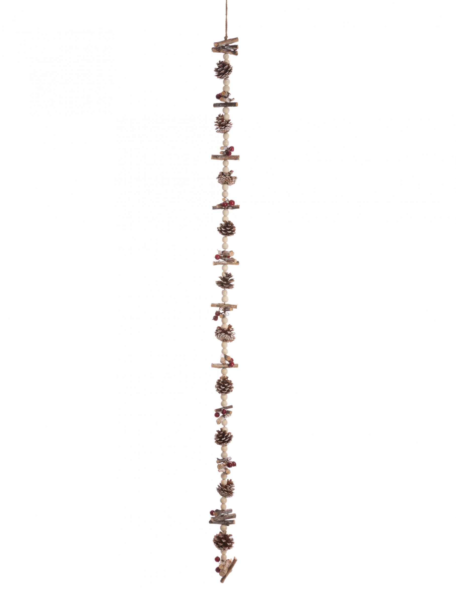 Guirlande de perles bois et pommes de pin décoration nature marron et beige avec baies rouges