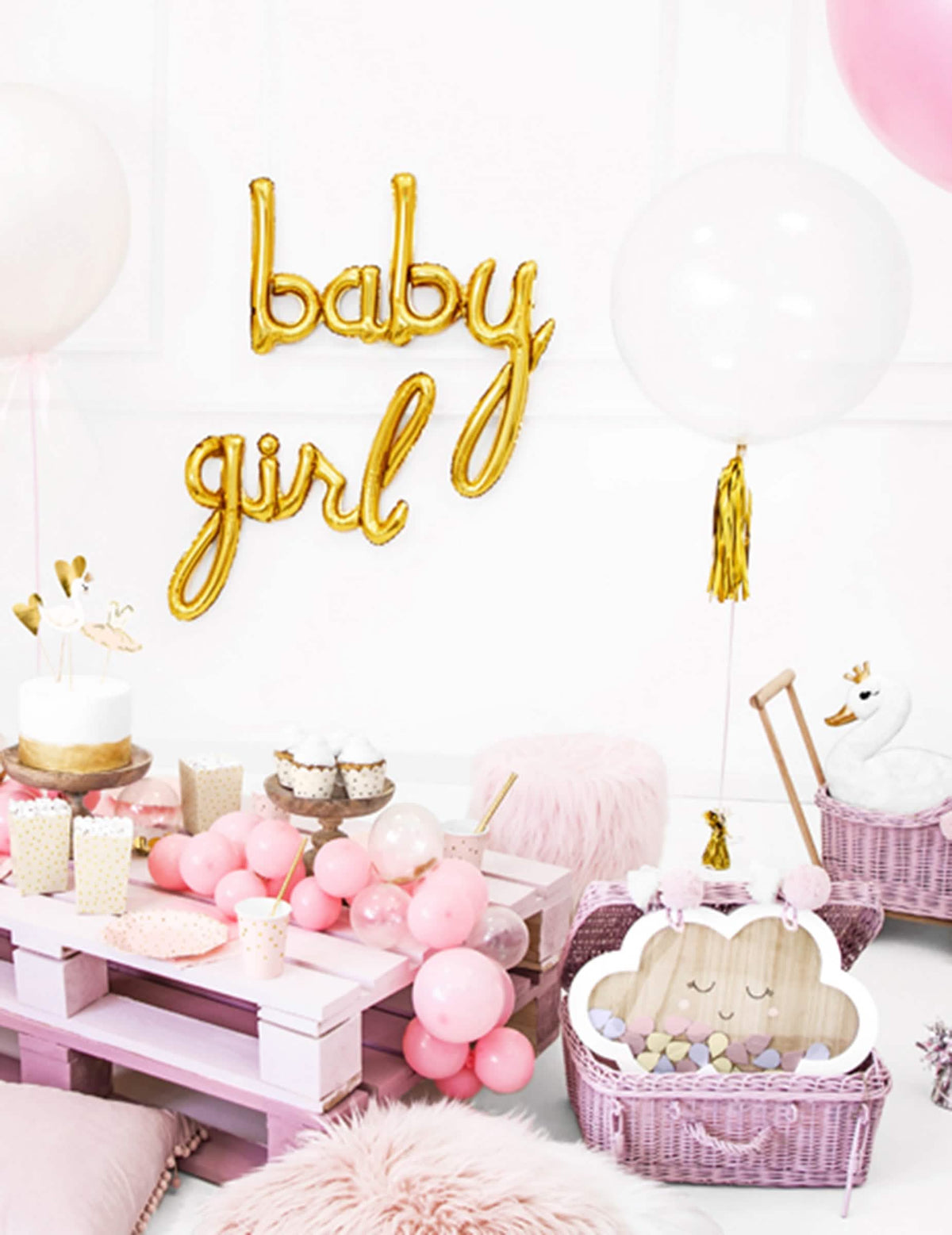 Decoração de baby shower com guirlanda de franjas e 12 pompons para festa dourado metalizado