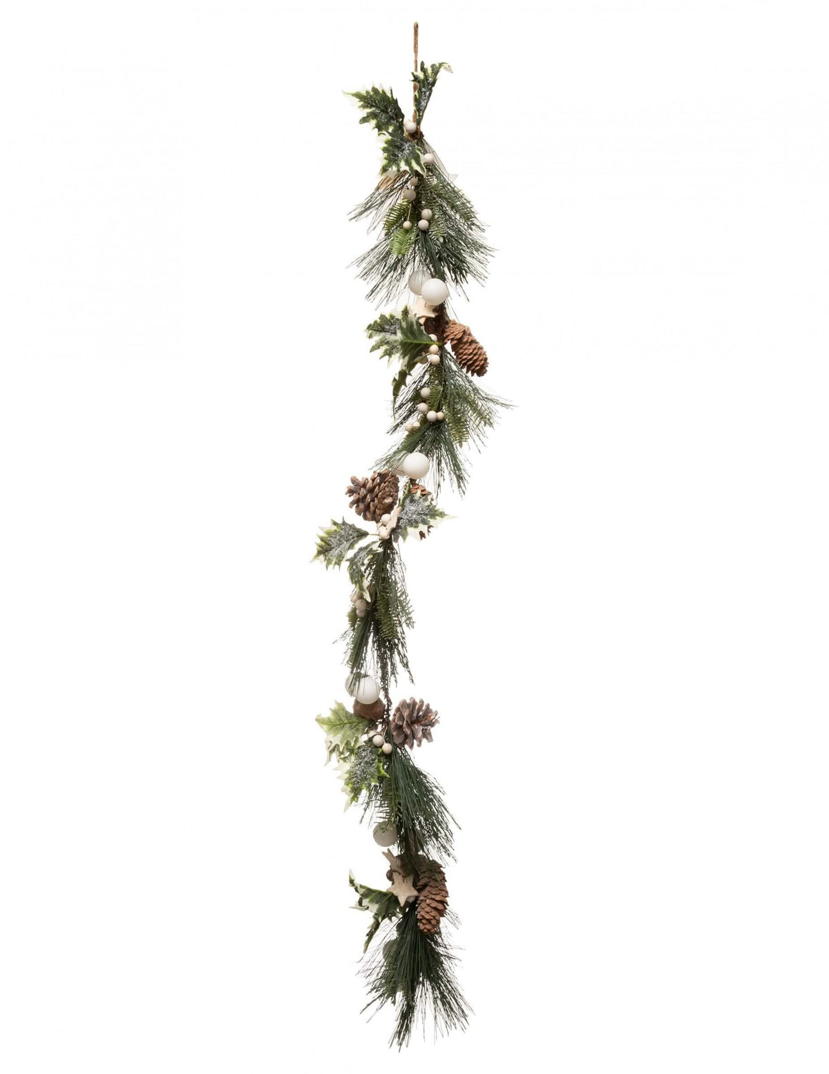 Grinalda de natal para decoração com folhagem verde e pinhas com bolas brancas