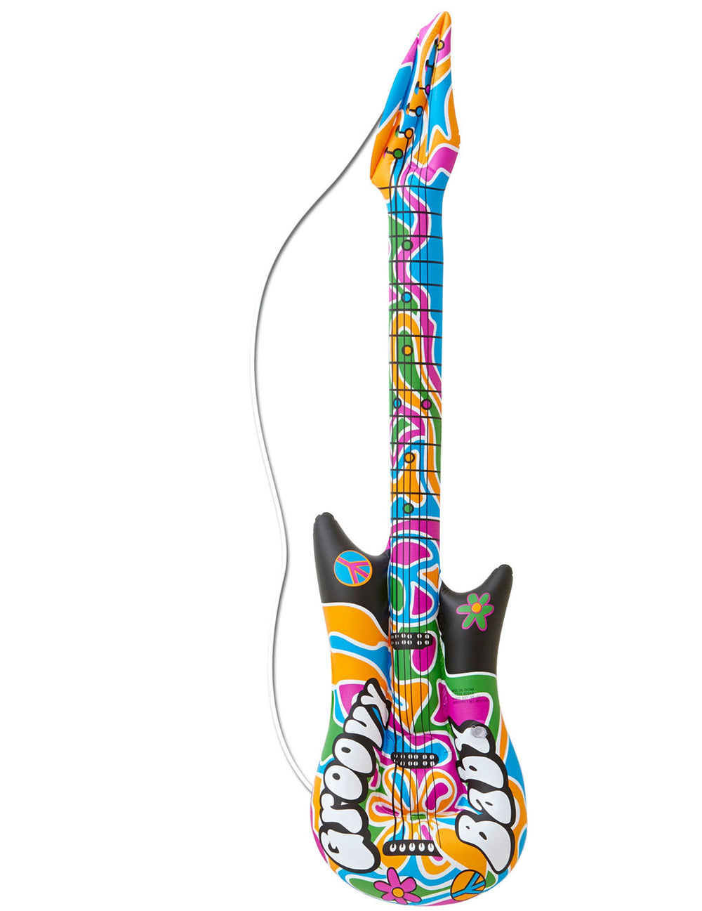Guitare gonflable hippie multicolore aux motifs psychédéliques avec inscription Groovy Baby