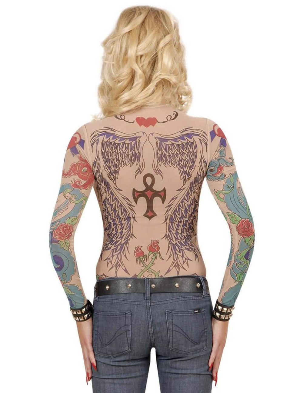Vista traseira do top de manga comprida com efeito tatuagens para mulher