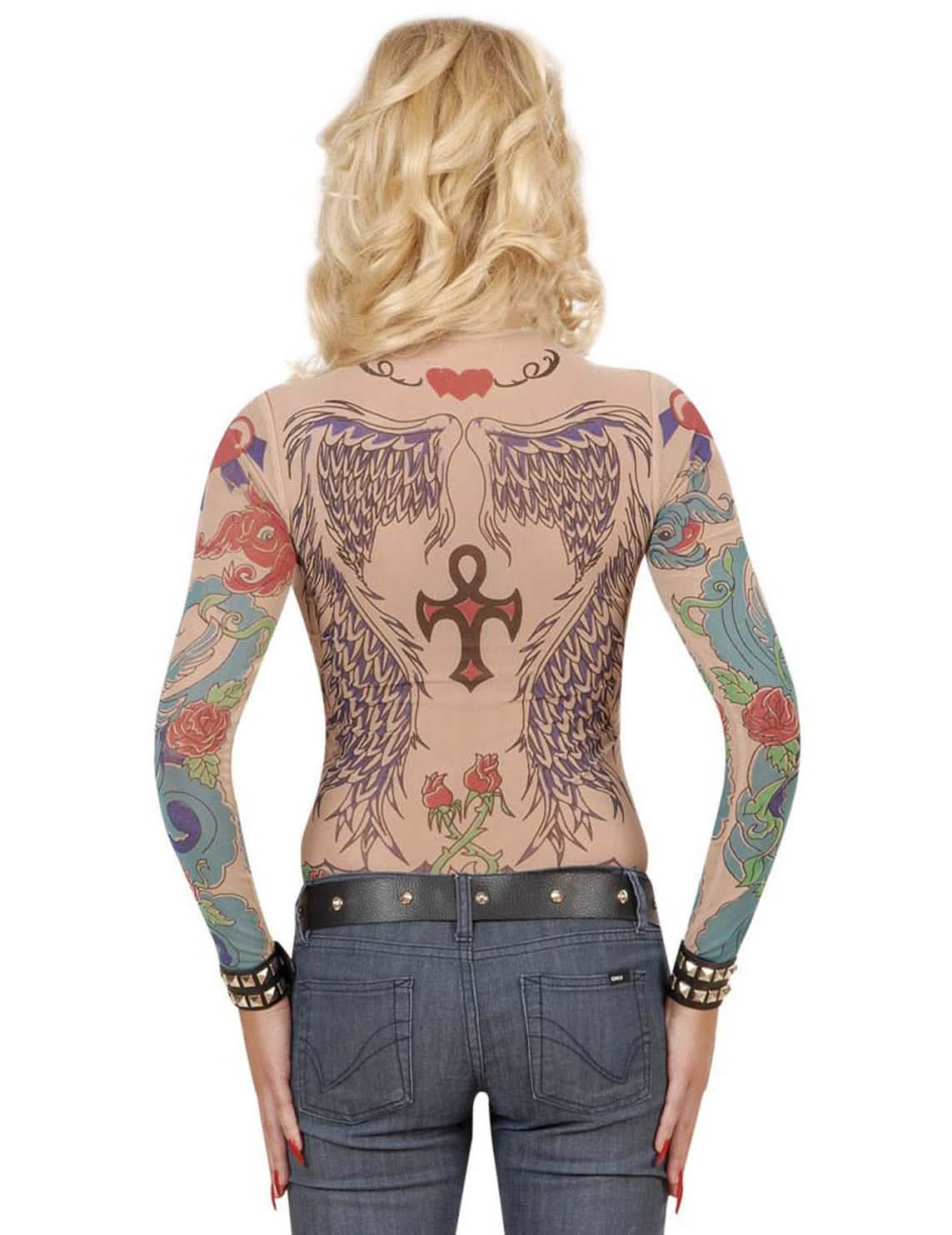 Vista traseira do top de manga comprida com efeito tatuagens para mulher