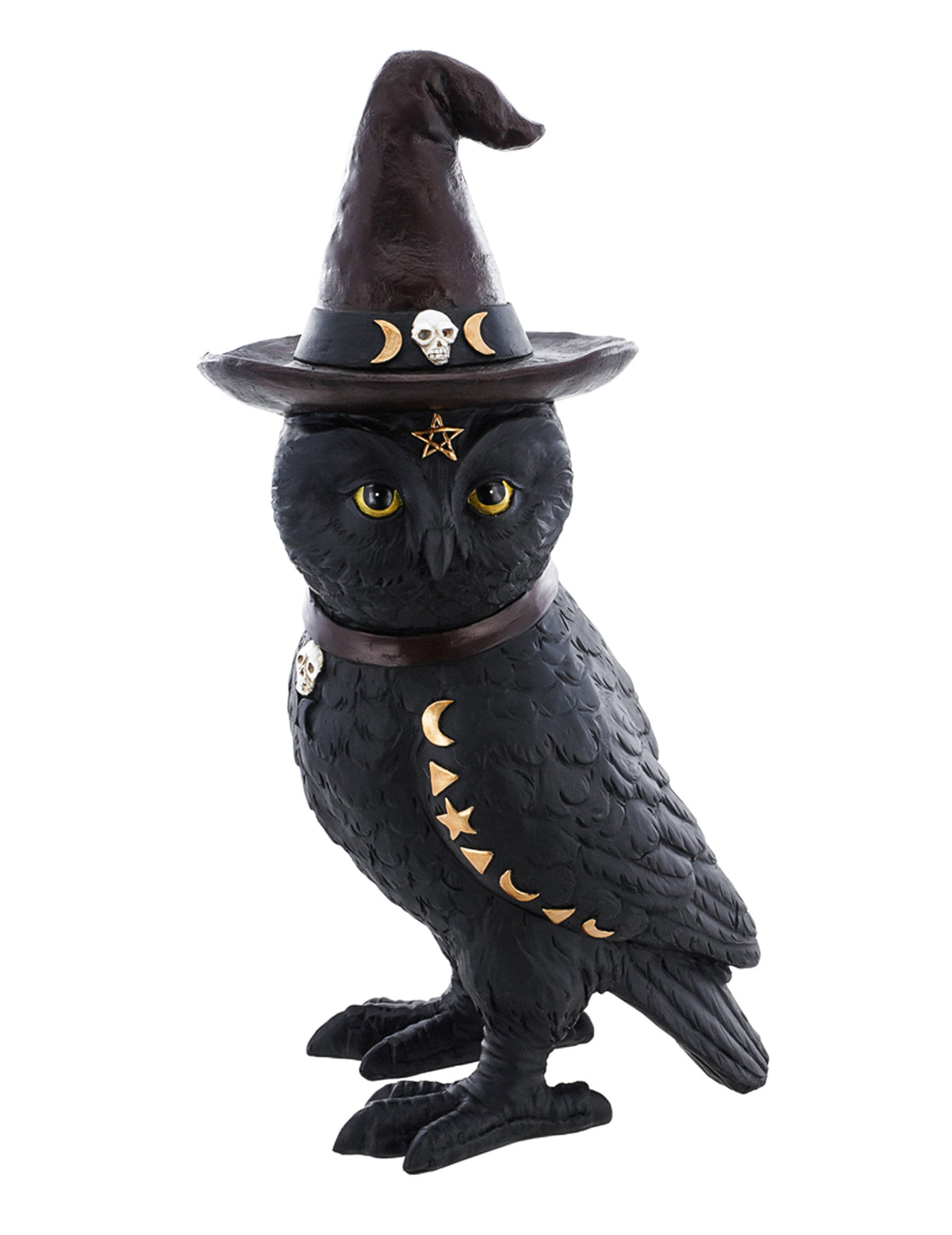 Hibou de sorcier occulte pour décoration noir avec chapeau pointu et symboles dorés