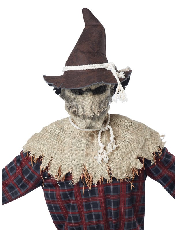 Détail du masque et du chapeau du déguisement épouvantail avec masque luxe