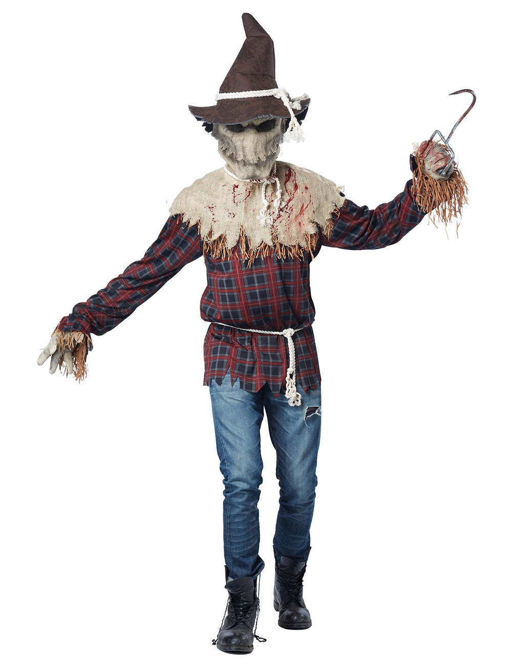 Déguisement épouvantail avec masque luxe pour homme marron et rouge avec chemise à carreaux