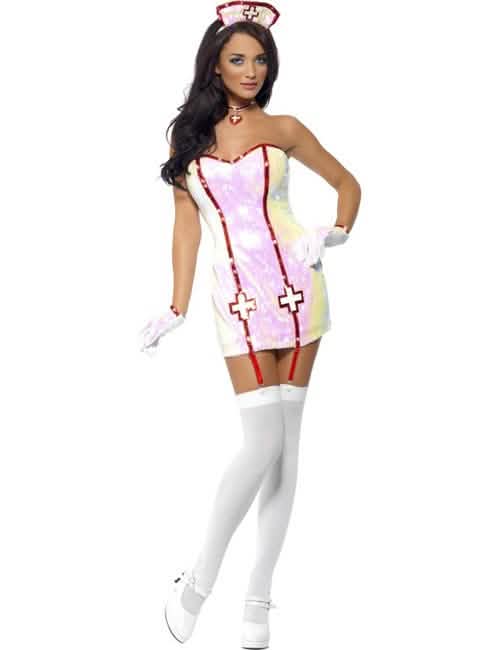 Fato de enfermeira sexy para mulher branco com lantejoulas e cruzes vermelhas