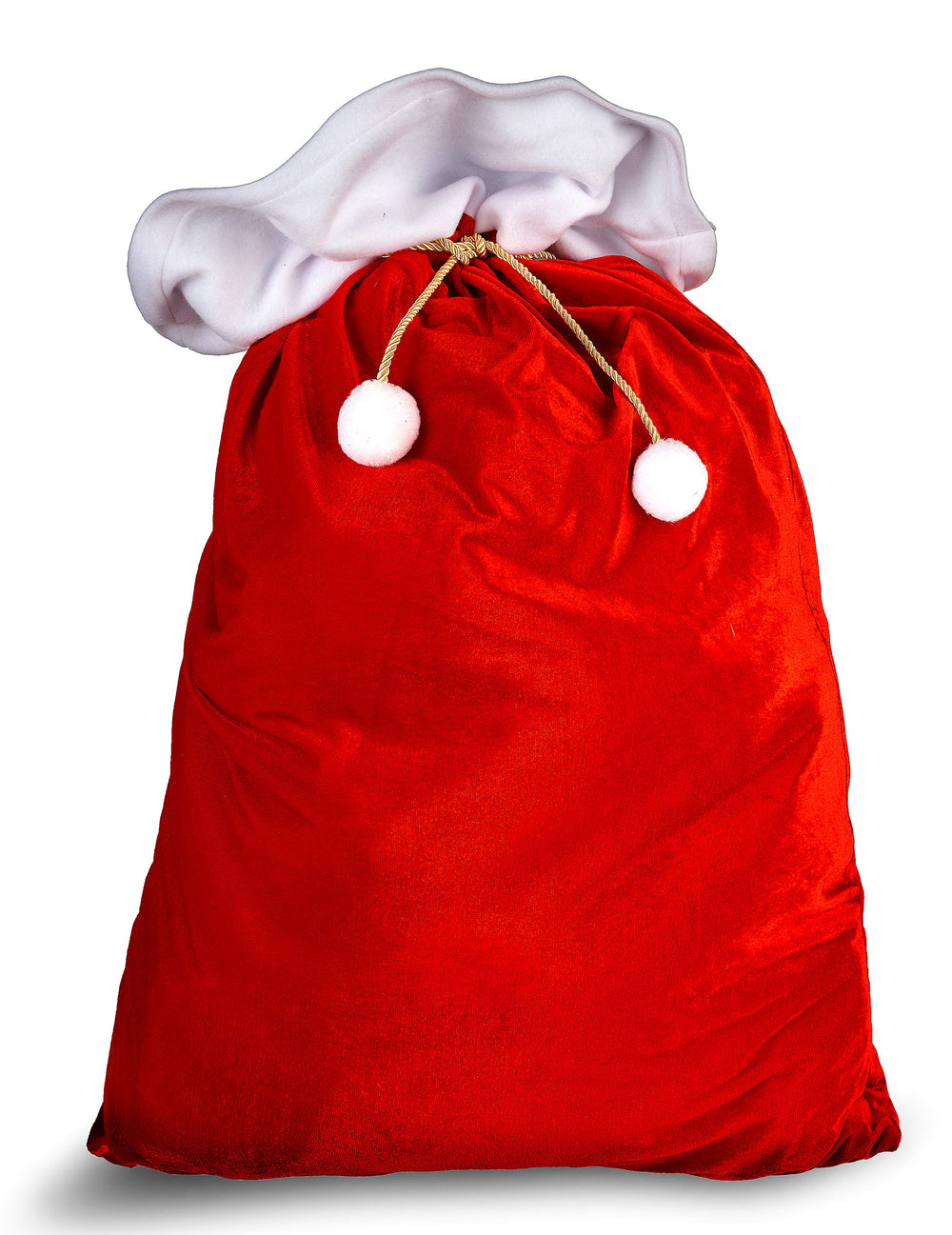 Hotte Père Noël rouge en velours avec bordure blanche et pompons