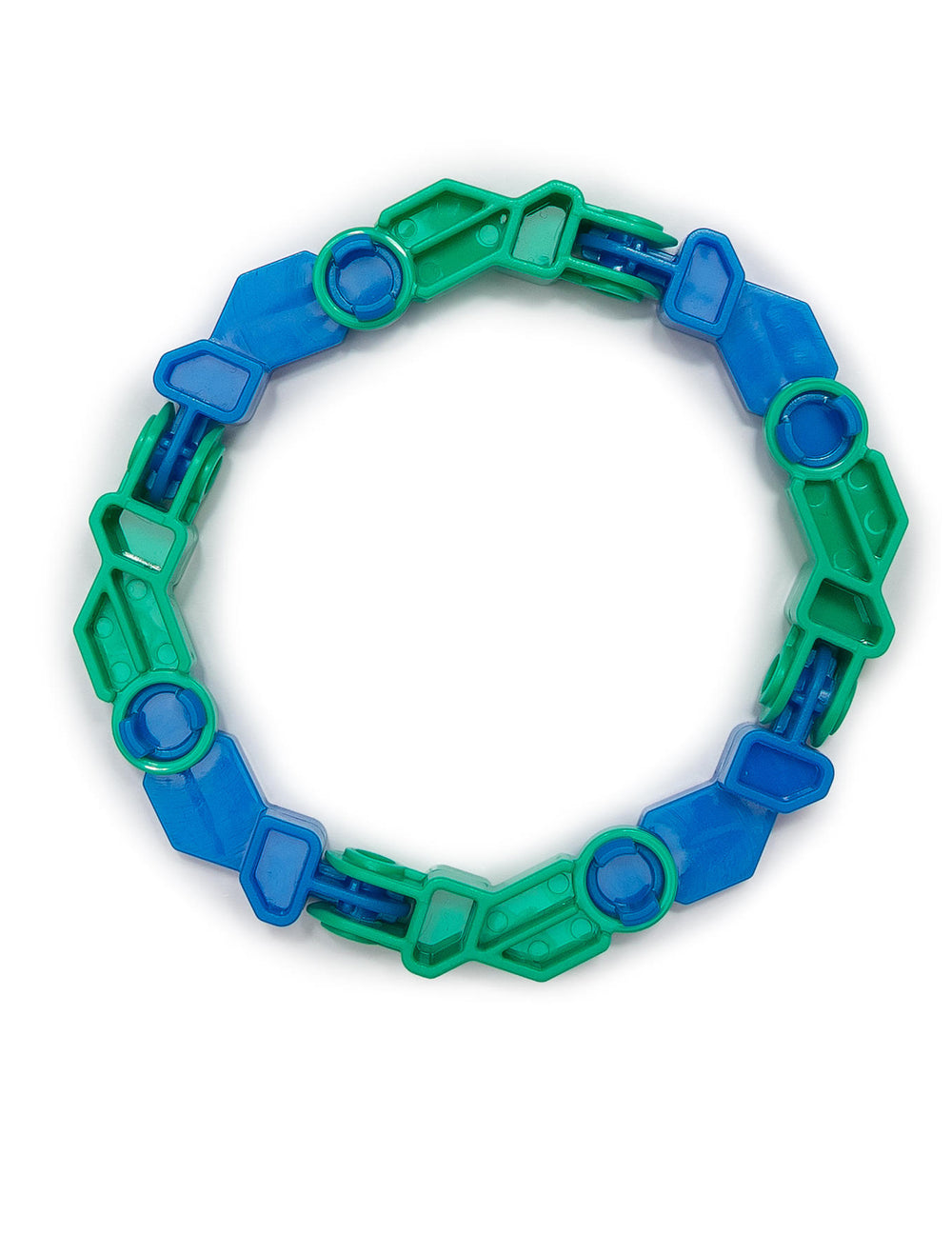 Vue en cercle du jouet articulé Infinity Fidget bleu et vert